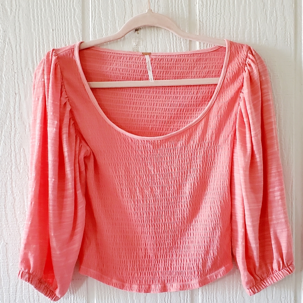 Free People Smocked Scoop Neck Crop Top in Coral Pink